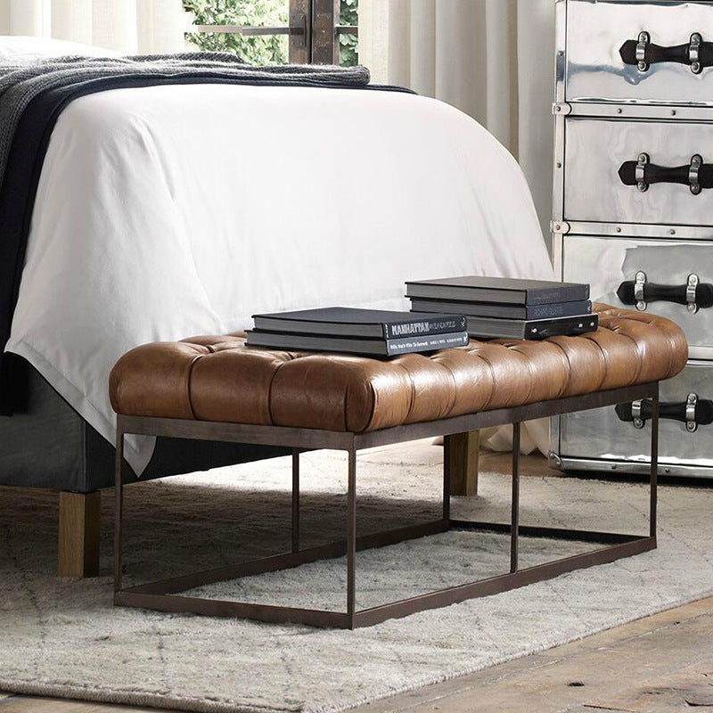 Contemporary Industrial Tufted Leather Upholstered Iron Rectangular Frame Bench For Entryway