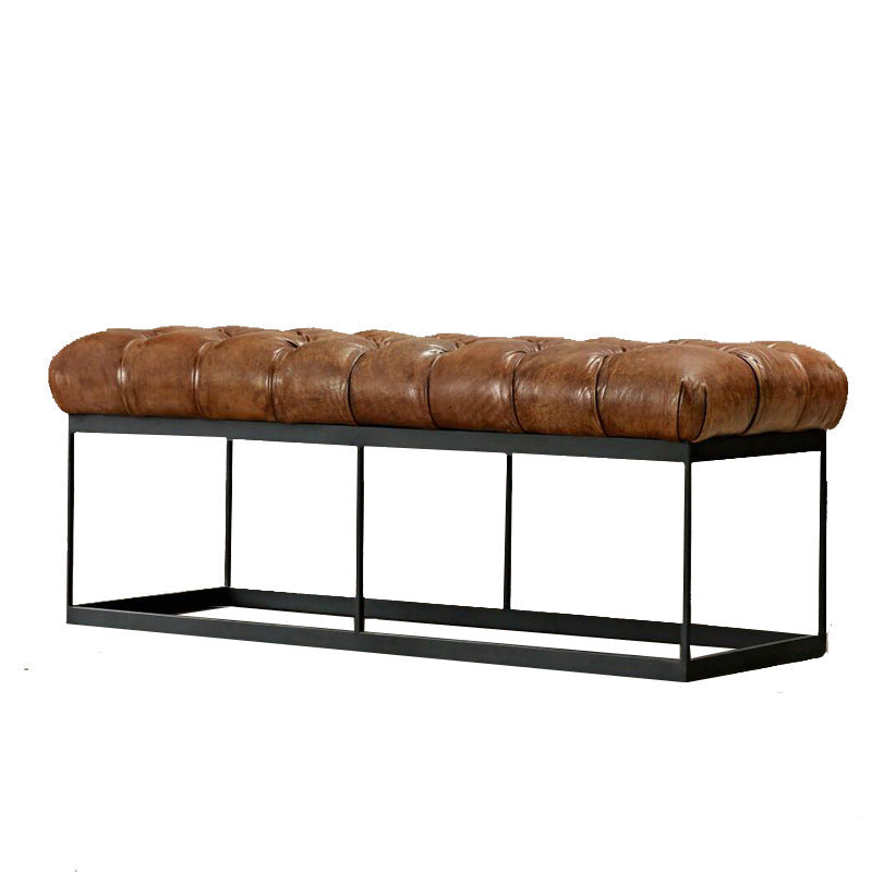 Contemporary Industrial Tufted Leather Upholstered Iron Rectangular Frame Bench For Entryway