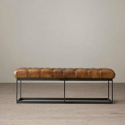 Contemporary Industrial Tufted Leather Upholstered Iron Rectangular Frame Bench For Entryway