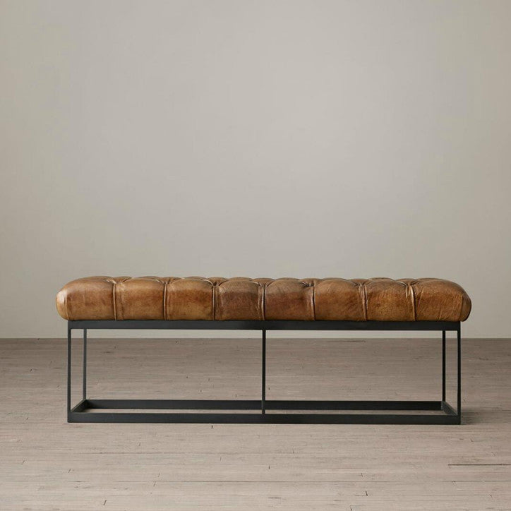 Contemporary Industrial Tufted Leather Upholstered Iron Rectangular Frame Bench For Entryway