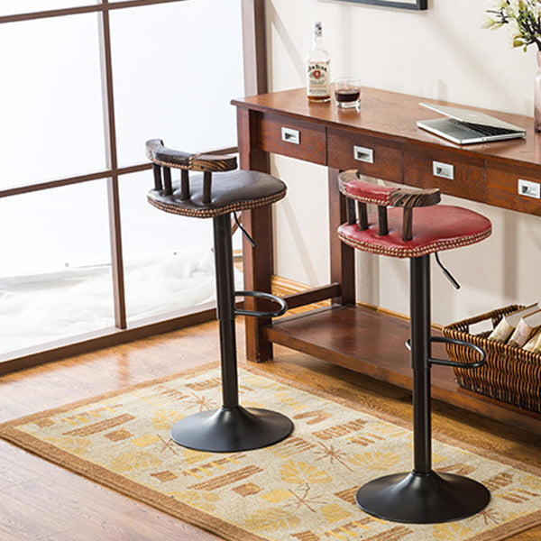 Contemporary Simplicity Faux Oiled-Waxed Leather Upholstered Metal Adjustable Swivel Bar Stool Low Back Footrest For Dining Room