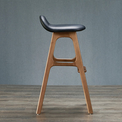 Contemporary Scandinavian Curved Leather Solid Wood Frame Bar Stool Low Back Footrest For Dining Room