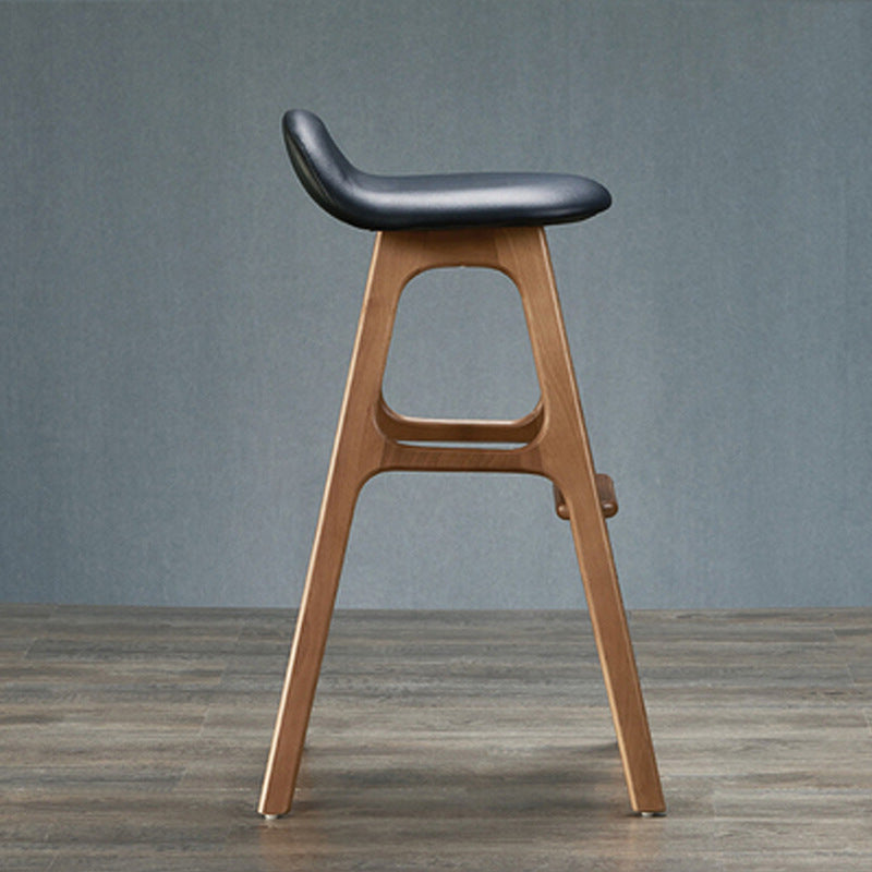 Contemporary Scandinavian Curved Leather Solid Wood Frame Bar Stool Low Back Footrest For Dining Room