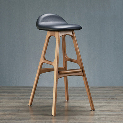 Contemporary Scandinavian Curved Leather Solid Wood Frame Bar Stool Low Back Footrest For Dining Room