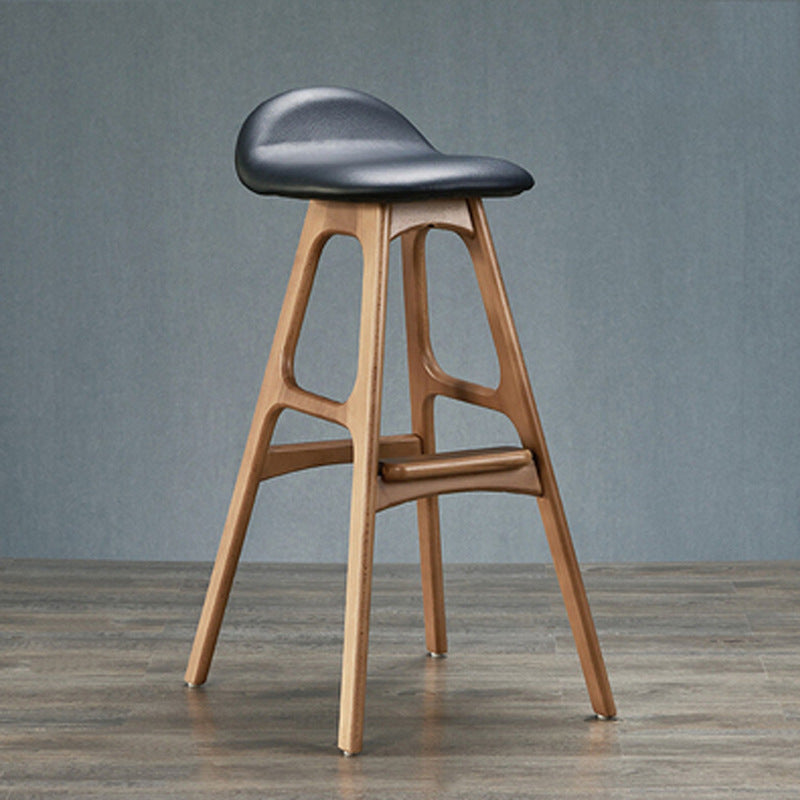 Contemporary Scandinavian Curved Leather Solid Wood Frame Bar Stool Low Back Footrest For Dining Room