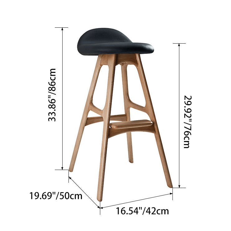 Contemporary Scandinavian Curved Leather Solid Wood Frame Bar Stool Low Back Footrest For Dining Room