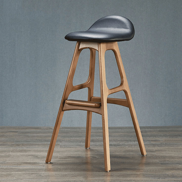 Contemporary Scandinavian Curved Leather Solid Wood Frame Bar Stool Low Back Footrest For Dining Room