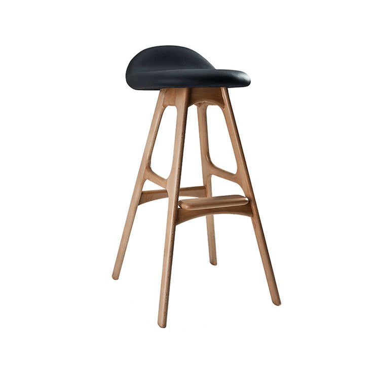 Contemporary Scandinavian Curved Leather Solid Wood Frame Bar Stool Low Back Footrest For Dining Room