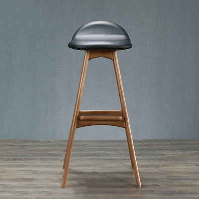 Contemporary Scandinavian Curved Leather Solid Wood Frame Bar Stool Low Back Footrest For Dining Room
