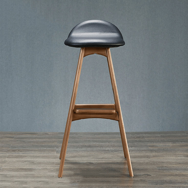 Contemporary Scandinavian Curved Leather Solid Wood Frame Bar Stool Low Back Footrest For Dining Room