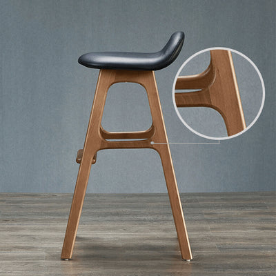 Contemporary Scandinavian Curved Leather Solid Wood Frame Bar Stool Low Back Footrest For Dining Room