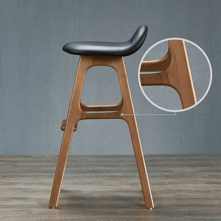 Contemporary Scandinavian Curved Leather Solid Wood Frame Bar Stool Low Back Footrest For Dining Room