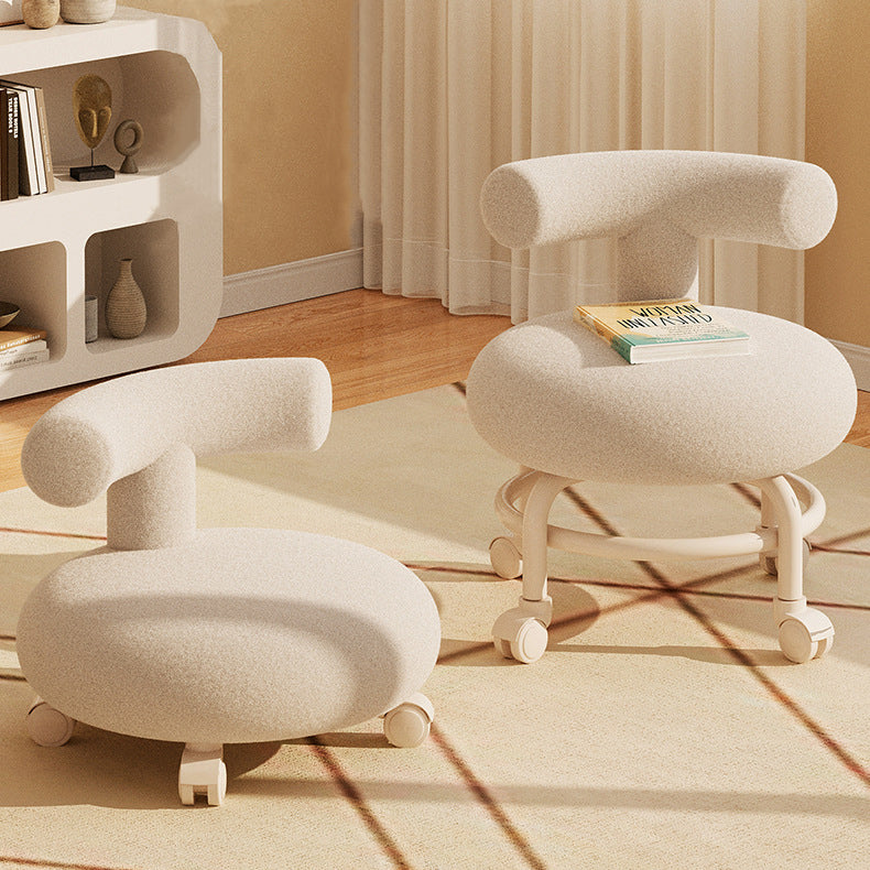 Contemporary Scandinavian Round Lamb Fleece Footstool Casters Backrest For Living Room