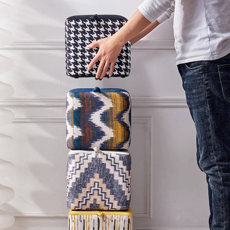 Contemporary Boho Flannel Cube Solid Wood Frame Stackable Low Stool For Living Room