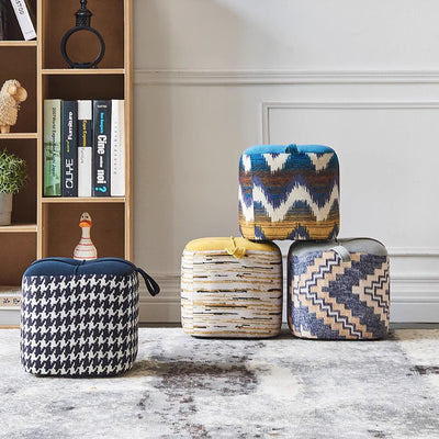 Contemporary Boho Flannel Cube Solid Wood Frame Stackable Low Stool For Living Room
