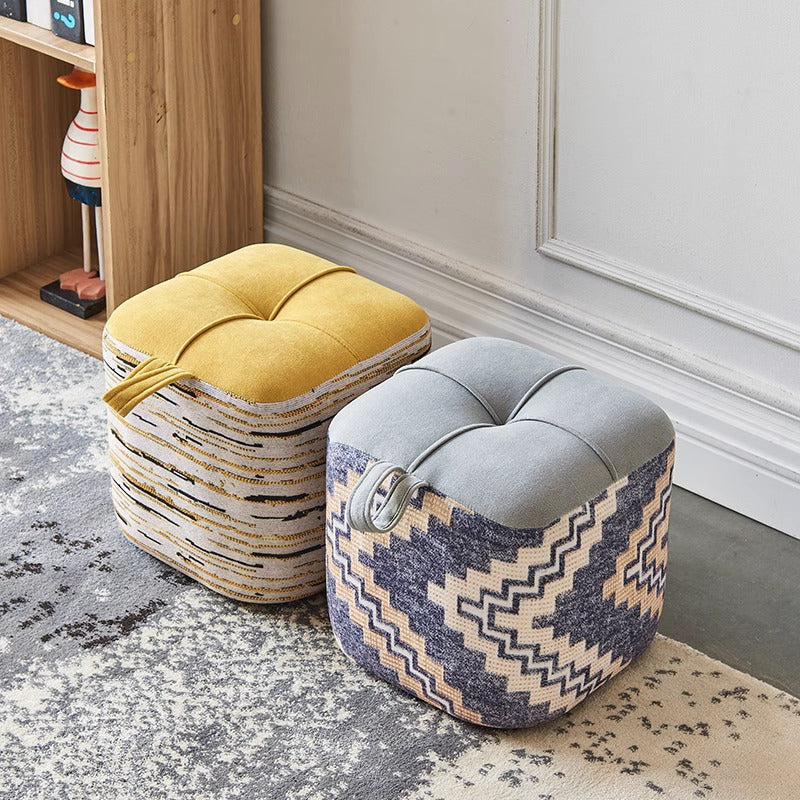 Contemporary Boho Flannel Cube Solid Wood Frame Stackable Low Stool For Living Room