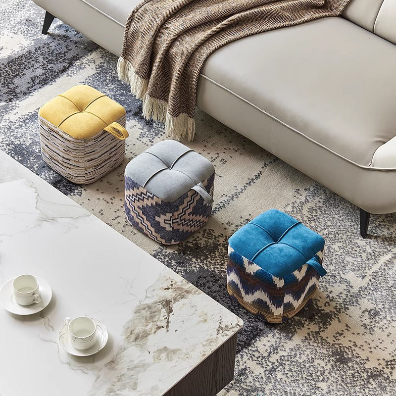 Contemporary Boho Flannel Cube Solid Wood Frame Stackable Low Stool For Living Room