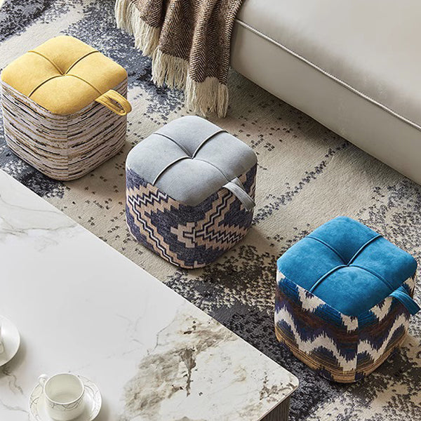 Contemporary Boho Flannel Cube Solid Wood Frame Stackable Low Stool For Living Room