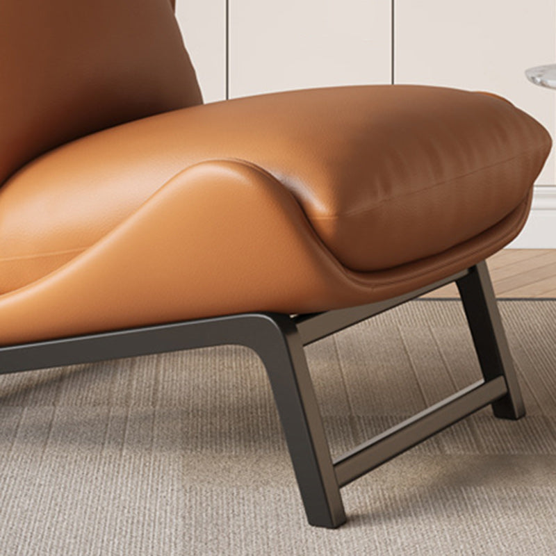 Moderner minimalistischer Leder-Kohlenstoffstahl quadratischer rechteckiger gebogener Akzentstuhl Rückenlehne Fußstütze für Wohnzimmer 