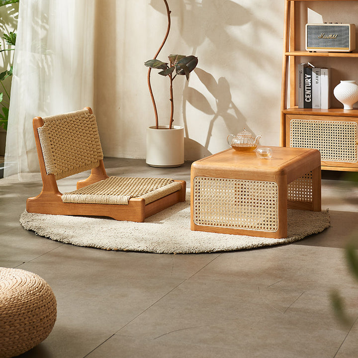 Chaise longue carrée avec dossier en corde tressée tatami japonaise traditionnelle et cadre en bois massif pour salon 