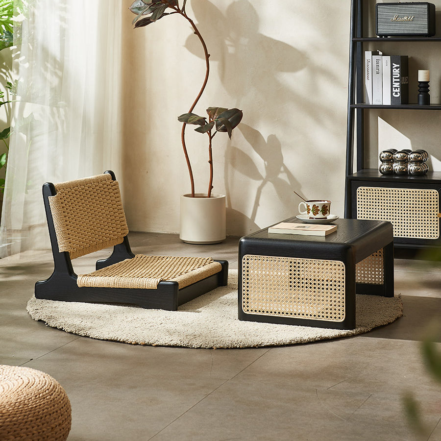 Chaise longue carrée avec dossier en corde tressée tatami japonaise traditionnelle et cadre en bois massif pour salon 