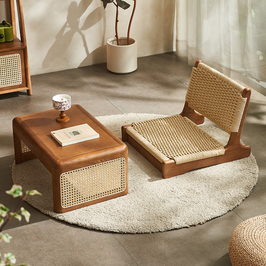Chaise longue carrée avec dossier en corde tressée tatami japonaise traditionnelle et cadre en bois massif pour salon 
