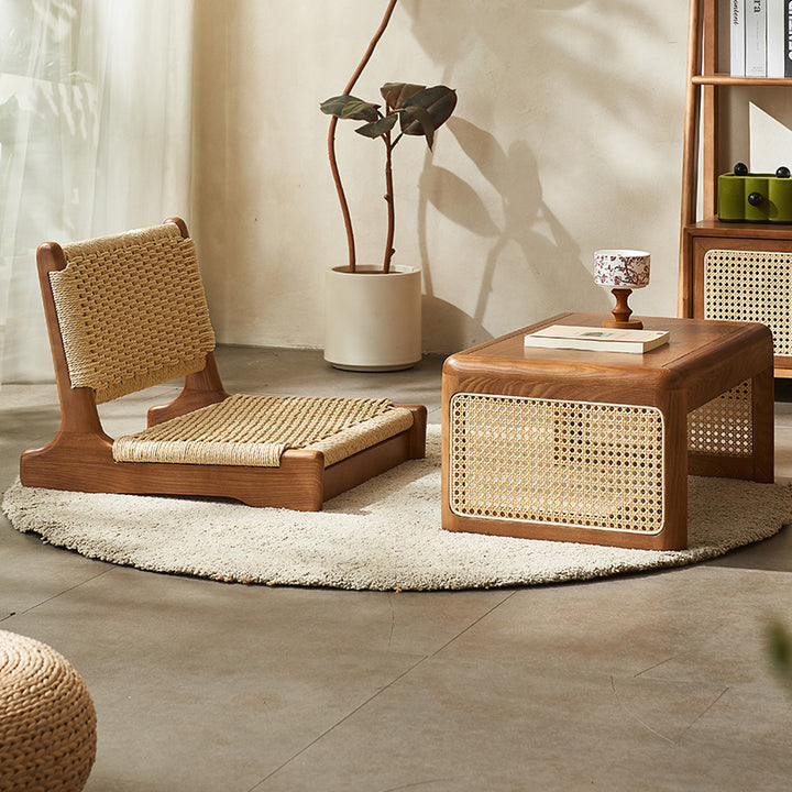 Chaise longue carrée avec dossier en corde tressée tatami japonaise traditionnelle et cadre en bois massif pour salon 
