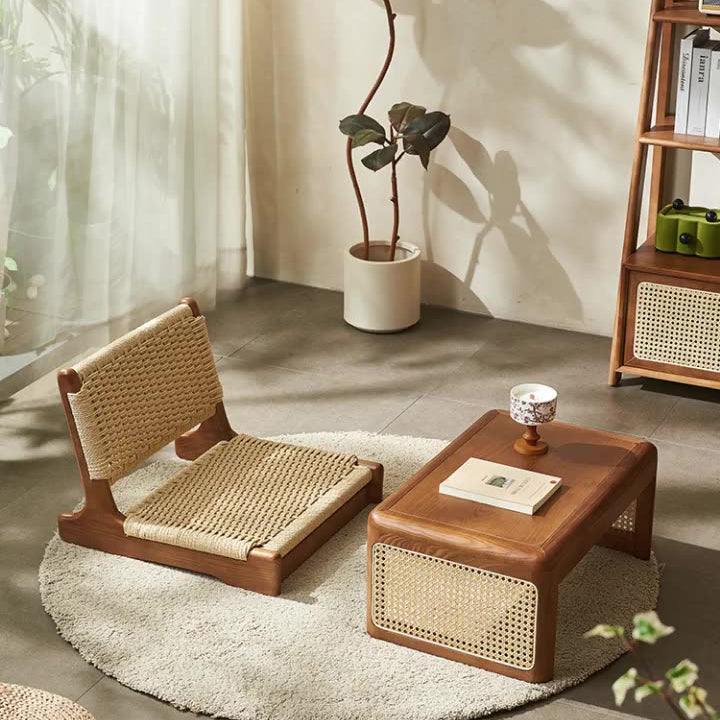 Chaise longue carrée avec dossier en corde tressée tatami japonaise traditionnelle et cadre en bois massif pour salon 