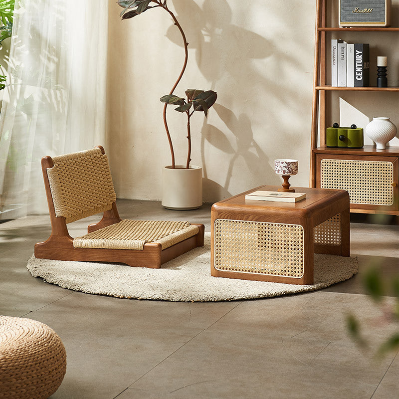 Chaise longue carrée avec dossier en corde tressée tatami japonaise traditionnelle et cadre en bois massif pour salon 