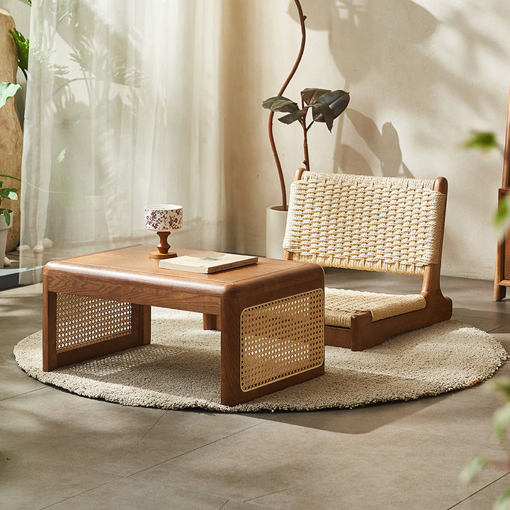 Chaise longue carrée avec dossier en corde tressée tatami japonaise traditionnelle et cadre en bois massif pour salon 