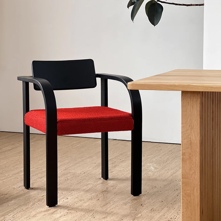 Traditional French Square Ash Wood Frame Linen Dining Chair Arc Armrest Backrest For Dining Room