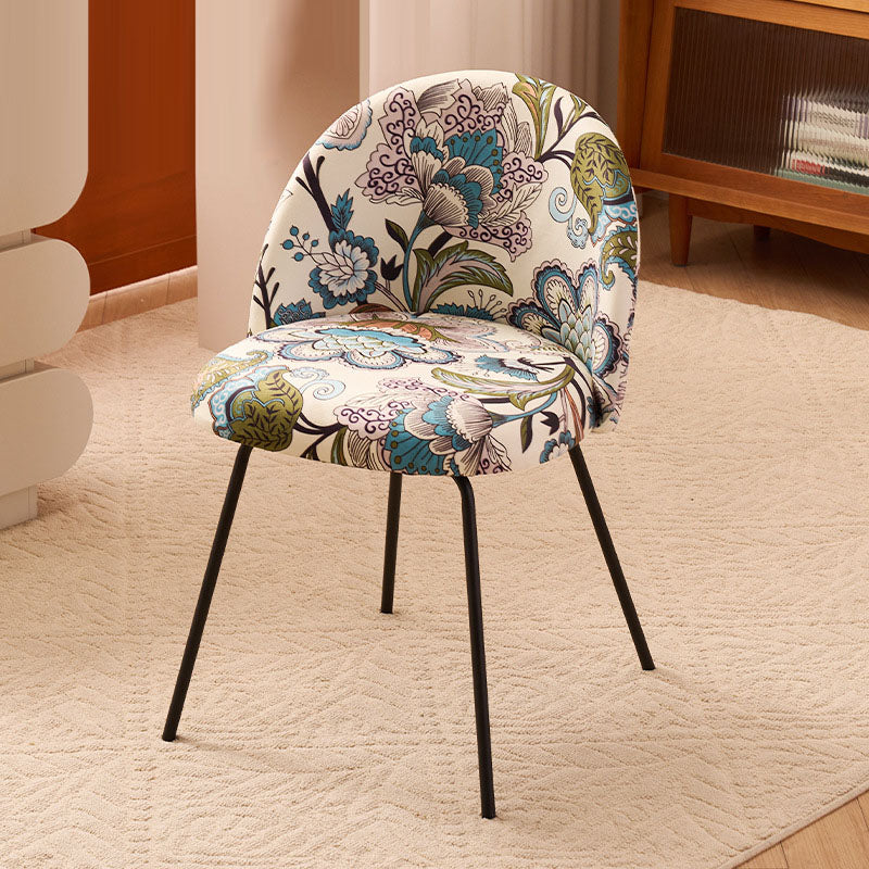 Contemporary Creative Curved Printed Fabric Upholstered Iron Legs Wood Board Vanity Stool Backrest For Bedroom