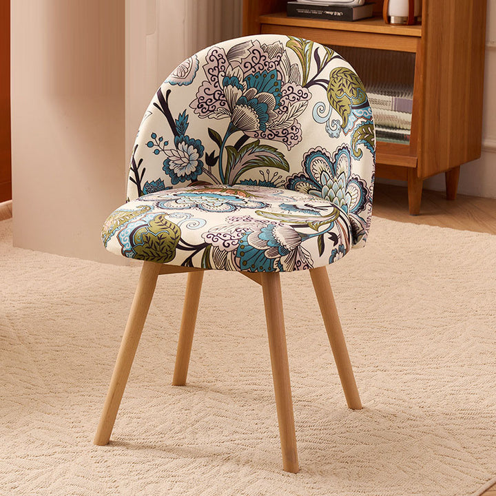 Contemporary Creative Curved Printed Fabric Upholstered Iron Legs Wood Board Vanity Stool Backrest For Bedroom