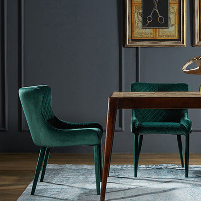 Silla de comedor contemporánea de lujo cuadrada de terciopelo con marco de madera maciza y respaldo de ala para comedor 