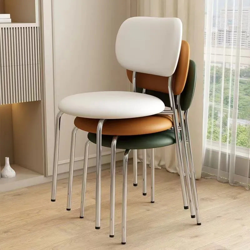 Contemporary Scandinavian Round Leather Iron Legs Stackable Dining Chair Backrest For Dining Room