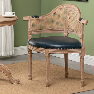 Silla de comedor de madera maciza tapizada en cuero genuino europeo tradicional con respaldo arqueado para comedor 