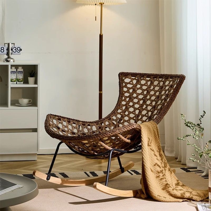 Contemporary Boho PE Wicker Weaving Fabric Cushion Rocking Chair Backrest For Living Room