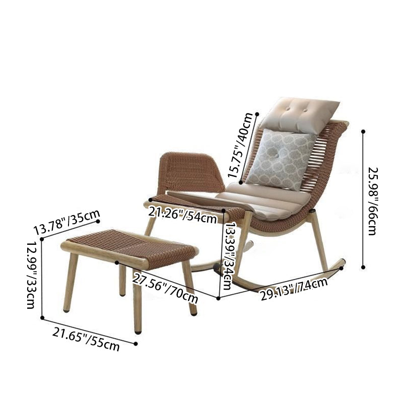 Zeitgenössischer Boho-Geschwungener PE-gewebter Rattan-Metallrahmen-Schaukelstuhl Terrassenstuhl Kopfstütze Fußstütze für Balkon 