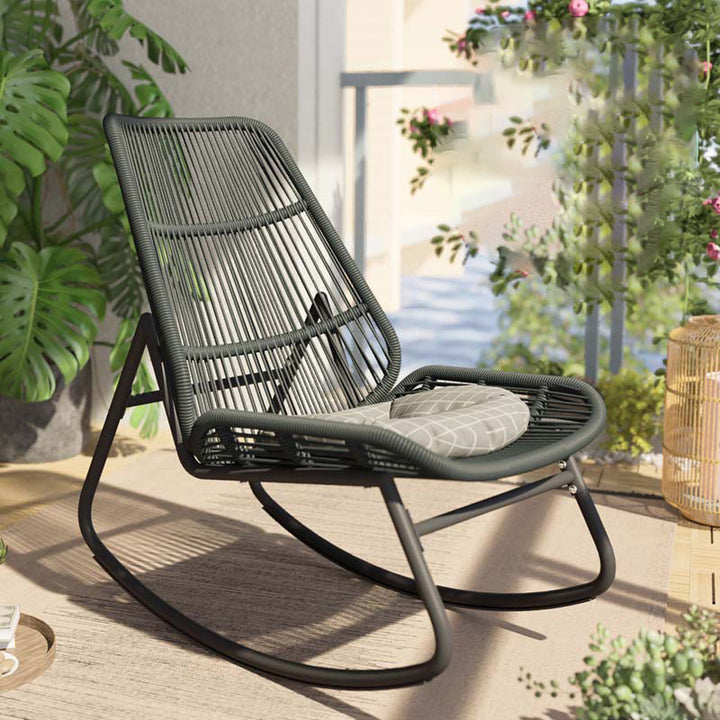 Chaise berçante en métal en rotin tissé PE arc boho contemporain avec coussin d'oreiller pour balcon 