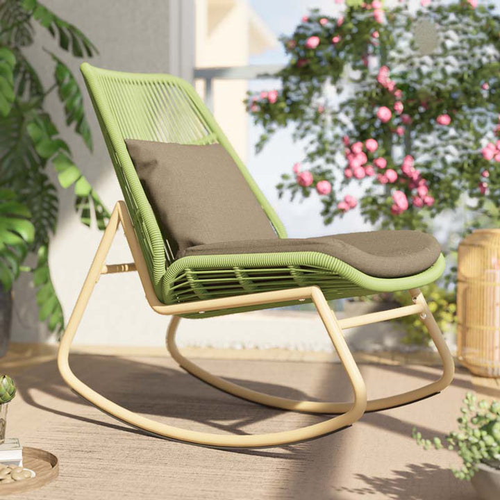 Chaise berçante en métal en rotin tissé PE arc boho contemporain avec coussin d'oreiller pour balcon 