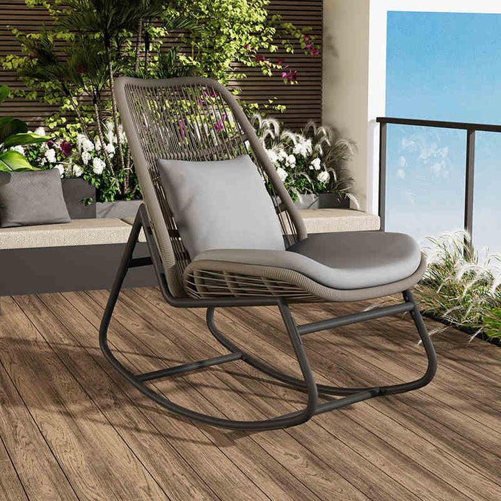 Contemporary Boho Arc PE Rattan Alloy Steel Weaving Rocking Chair Patio Chair With Pillow Cushion For Balcony