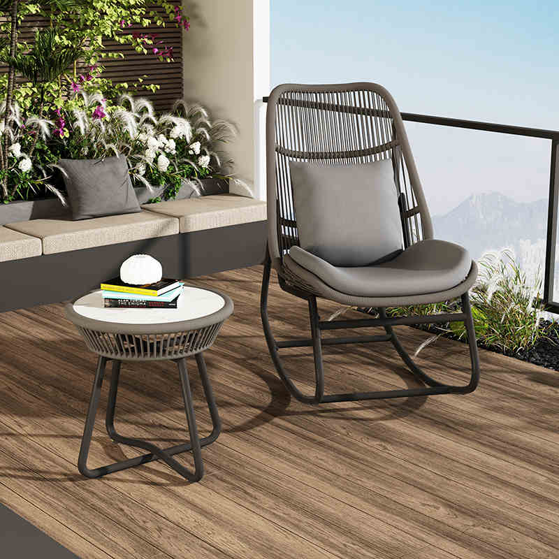 Contemporary Boho Arc PE Rattan Alloy Steel Weaving Rocking Chair Patio Chair With Pillow Cushion For Balcony