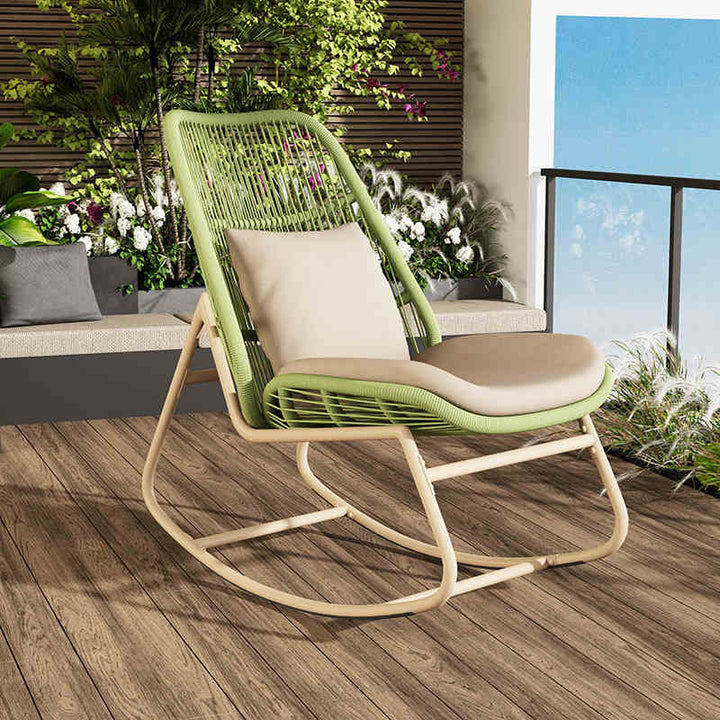 Contemporary Boho Arc PE Rattan Alloy Steel Weaving Rocking Chair Patio Chair With Pillow Cushion For Balcony