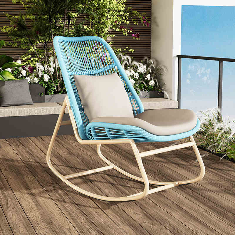 Contemporary Boho Arc PE Woven Rattan Metal Rocking Chair Patio Chair With Pillow Cushion For Balcony