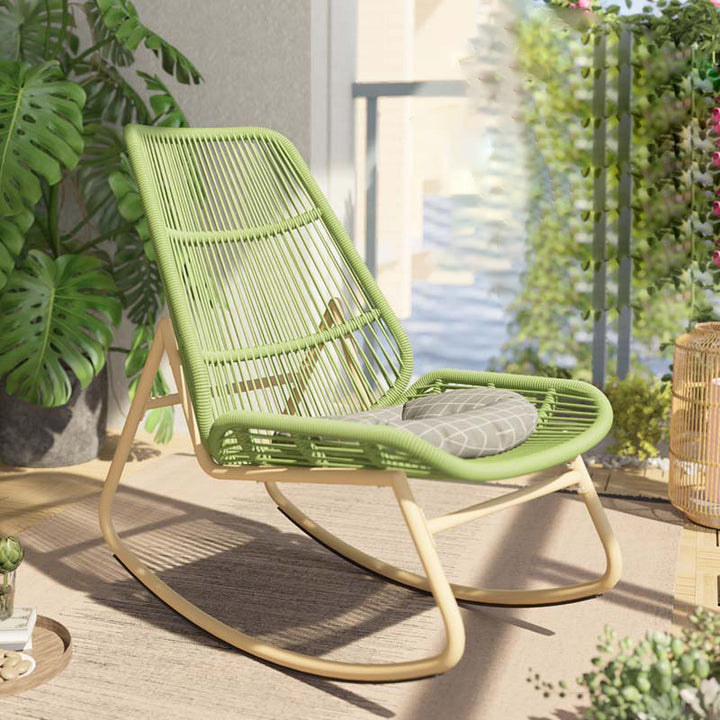 Contemporary Boho Arc PE Rattan Alloy Steel Weaving Rocking Chair Patio Chair With Pillow Cushion For Balcony
