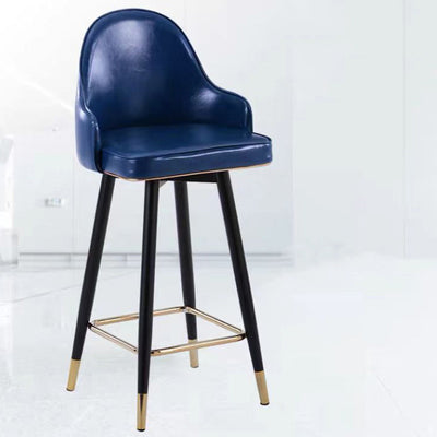 Taburete de bar de metal con asiento de cuero Nappa curvado de lujo contemporáneo, respaldo y reposapiés para comedor 