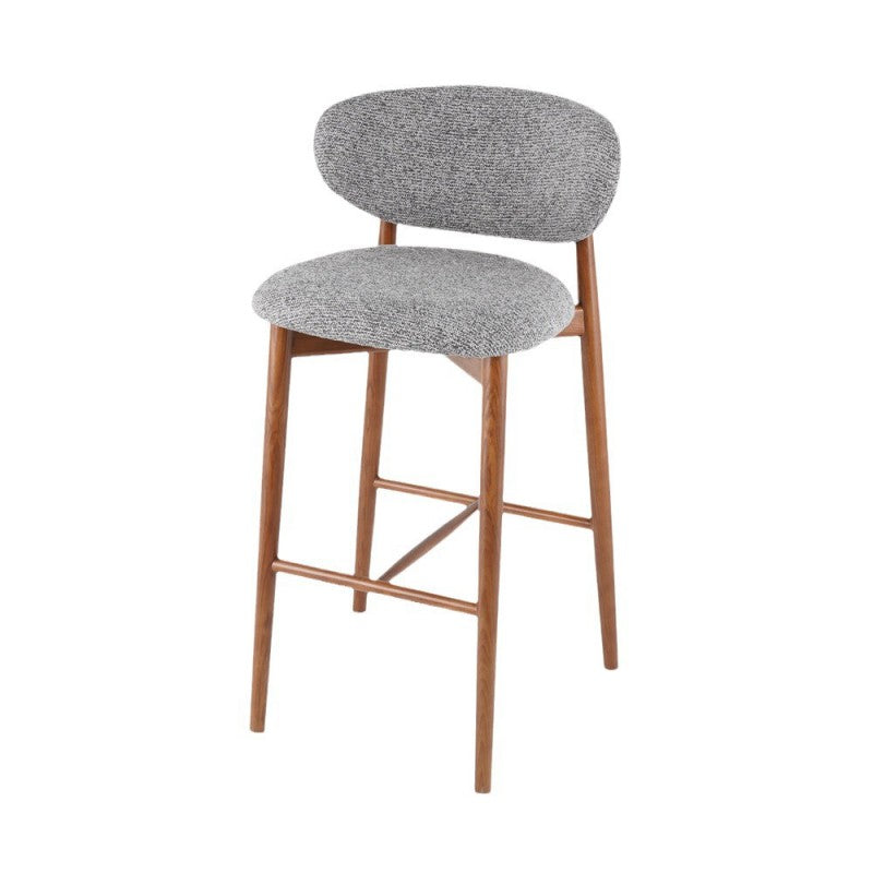 Tabouret de bar contemporain nordique rond en tissu avec cadre en bois massif, dossier bas et repose-pieds pour salle à manger 