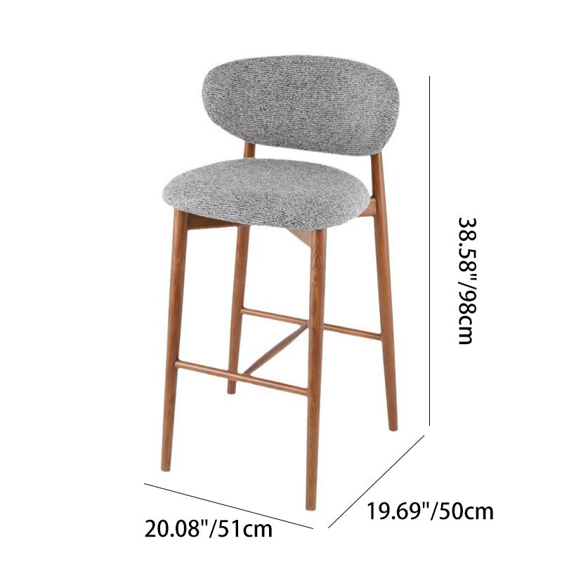 Tabouret de bar contemporain nordique rond en tissu avec cadre en bois massif, dossier bas et repose-pieds pour salle à manger 
