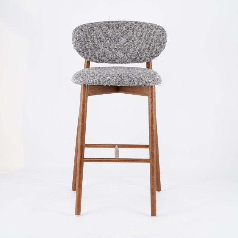 Tabouret de bar contemporain nordique rond en tissu avec cadre en bois massif, dossier bas et repose-pieds pour salle à manger 