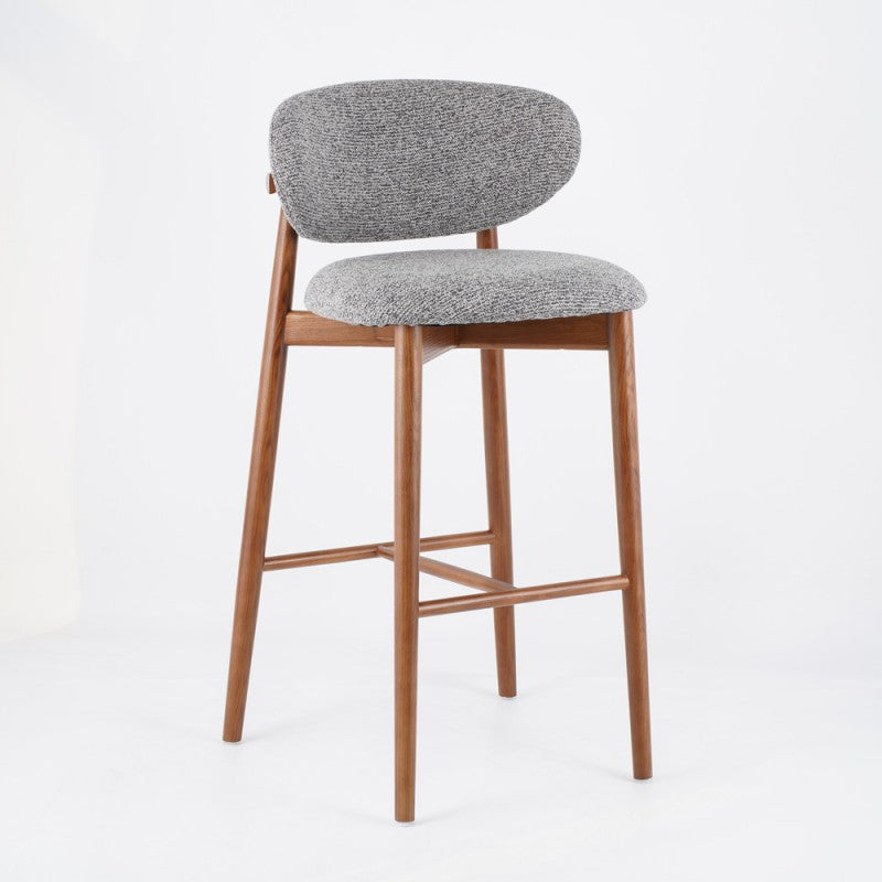 Tabouret de bar contemporain nordique rond en tissu avec cadre en bois massif, dossier bas et repose-pieds pour salle à manger 